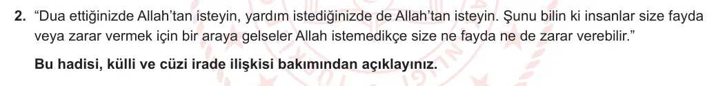 8. Sınıf Din Kültürü ve Ahlak Bilgisi 2023-2024 1. Dönem 1. Yazılı 2. Bölüm 2. Soru görseli