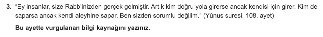 9. Sınıf Din Kültürü ve Ahlak Bilgisi 2023-2024 1. Dönem 1. Yazılı 1. Bölüm 3. Soru görseli