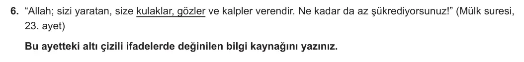 9. Sınıf Din Kültürü ve Ahlak Bilgisi 2023-2024 1. Dönem 1. Yazılı 1. Bölüm 6. Soru görseli