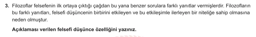 10. Sınıf Felsefe 2023-2024 1. Dönem 1. Yazılı 1. Bölüm 3. Soru görseli