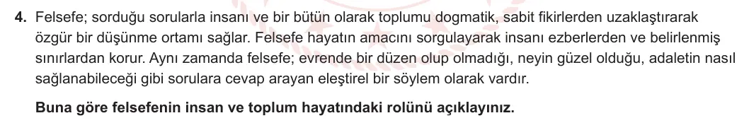 10. Sınıf Felsefe 2023-2024 1. Dönem 1. Yazılı 1. Bölüm 4. Soru görseli