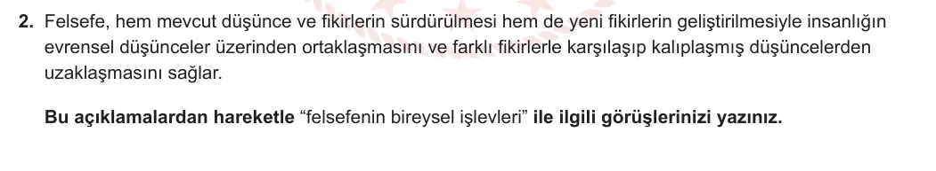 10. Sınıf Felsefe 2023-2024 1. Dönem 1. Yazılı 2. Bölüm 2. Soru görseli