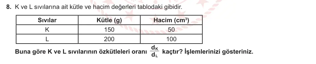 9. Sınıf Fizik 2023-2024 1. Dönem 1. Yazılı 3. Bölüm 8. Soru görseli