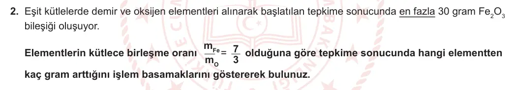 10. Sınıf Kimya 2023-2024 1. Dönem 1. Yazılı 1. Bölüm 2. Soru görseli