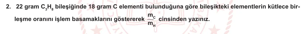 10. Sınıf Kimya 2023-2024 1. Dönem 1. Yazılı 2. Bölüm 2. Soru görseli