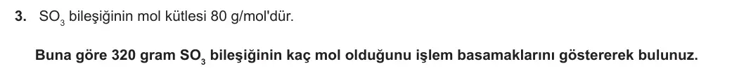 10. Sınıf Kimya 2023-2024 1. Dönem 1. Yazılı 2. Bölüm 3. Soru görseli