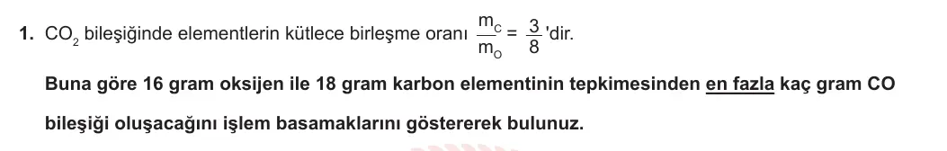 10. Sınıf Kimya 2023-2024 1. Dönem 1. Yazılı 3. Bölüm 1. Soru görseli