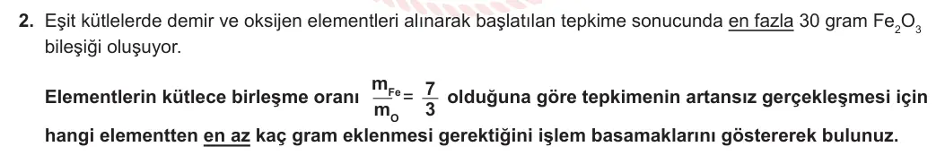 10. Sınıf Kimya 2023-2024 1. Dönem 1. Yazılı 3. Bölüm 2. Soru görseli