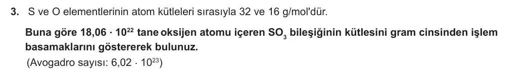 10. Sınıf Kimya 2023-2024 1. Dönem 1. Yazılı 3. Bölüm 3. Soru görseli