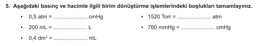 11. Sınıf Kimya 2023-2024 1. Dönem 1. Yazılı 1. Bölüm 5. Soru görseli