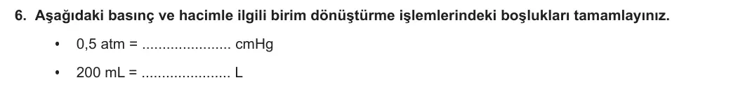 11. Sınıf Kimya 2023-2024 1. Dönem 1. Yazılı 2. Bölüm 6. Soru görseli