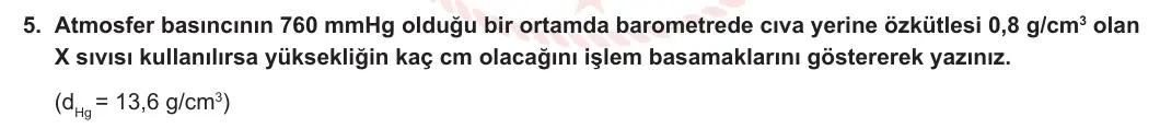 11. Sınıf Kimya 2023-2024 1. Dönem 1. Yazılı 3. Bölüm 5. Soru görseli