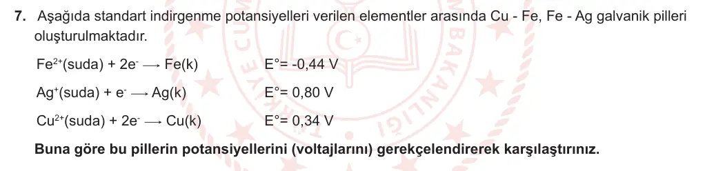 12. Sınıf Kimya 2023-2024 1. Dönem 1. Yazılı 1. Bölüm 7. Soru görseli