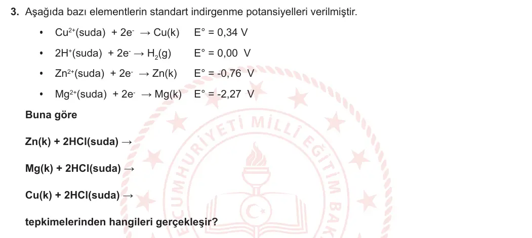 12. Sınıf Kimya 2023-2024 1. Dönem 1. Yazılı 3. Bölüm 3. Soru görseli