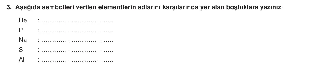9. Sınıf Kimya 2023-2024 1. Dönem 1. Yazılı 1. Bölüm 3. Soru görseli