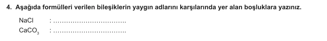 9. Sınıf Kimya 2023-2024 1. Dönem 1. Yazılı 1. Bölüm 4. Soru görseli