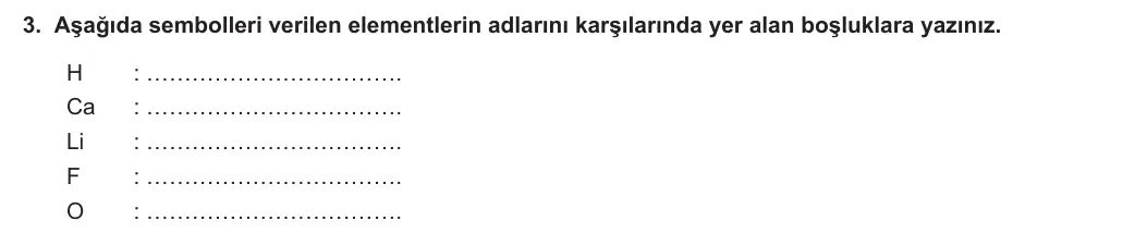 9. Sınıf Kimya 2023-2024 1. Dönem 1. Yazılı 2. Bölüm 3. Soru görseli