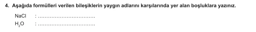 9. Sınıf Kimya 2023-2024 1. Dönem 1. Yazılı 2. Bölüm 4. Soru görseli
