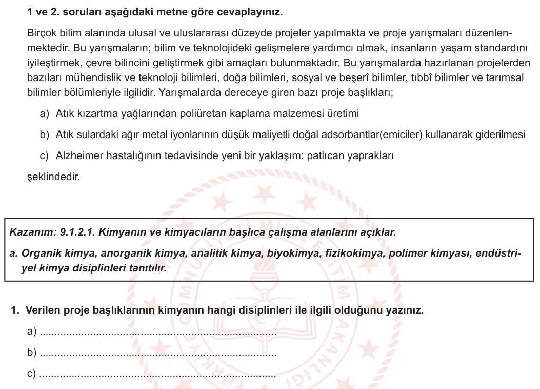 9. Sınıf Kimya 2023-2024 1. Dönem 1. Yazılı 3. Bölüm 1. Soru görseli