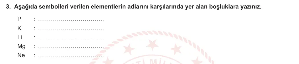 9. Sınıf Kimya 2023-2024 1. Dönem 1. Yazılı 3. Bölüm 3. Soru görseli
