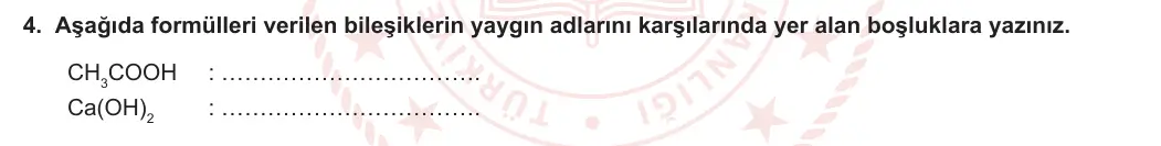 9. Sınıf Kimya 2023-2024 1. Dönem 1. Yazılı 3. Bölüm 4. Soru görseli