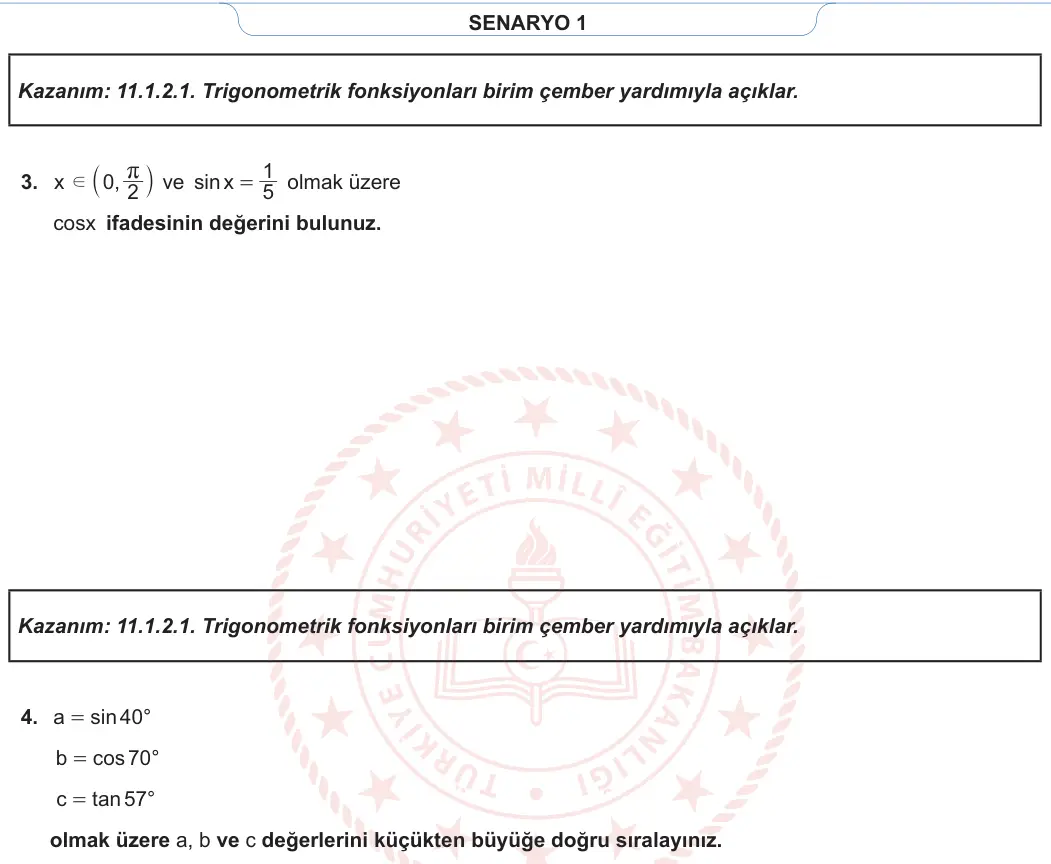 11. Sınıf Matematik 2023-2024 1. Dönem 1. Yazılı 1. Bölüm 2. Soru görseli (2/2)