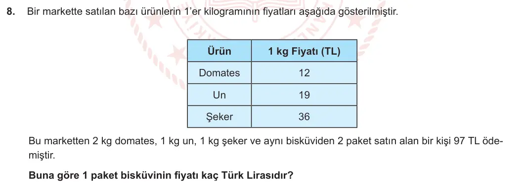 6. Sınıf Matematik 2023-2024 1. Dönem 1. Yazılı 3. Bölüm 8. Soru görseli