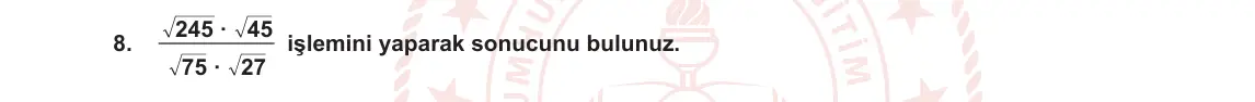 8. Sınıf Matematik 2023-2024 1. Dönem 1. Yazılı 1. Bölüm 8. Soru görseli