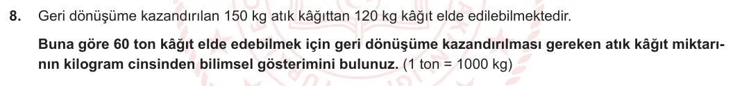 8. Sınıf Matematik 2023-2024 1. Dönem 1. Yazılı 3. Bölüm 8. Soru görseli