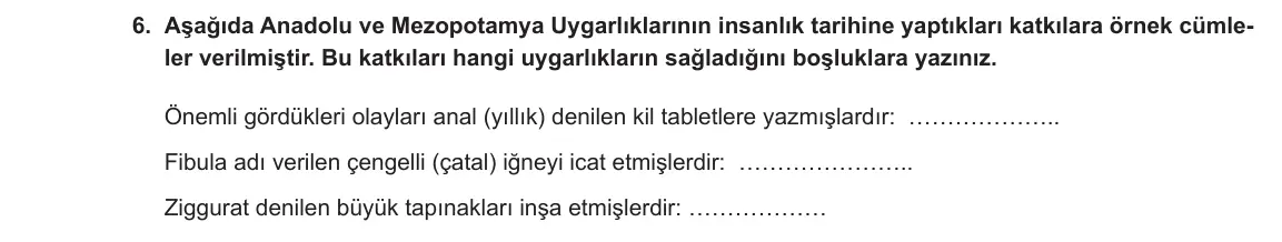 5. Sınıf Sosyal Bilgiler 2023-2024 1. Dönem 1. Yazılı 1. Bölüm 6. Soru görseli
