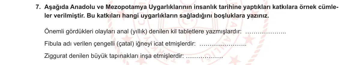 5. Sınıf Sosyal Bilgiler 2023-2024 1. Dönem 1. Yazılı 2. Bölüm 7. Soru görseli