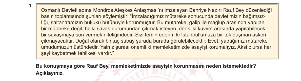 8. Sınıf T.C. İnkılap Tarihi ve Atatürkçülük 2023-2024 1. Dönem 1. Yazılı 1. Bölüm 1. Soru görseli