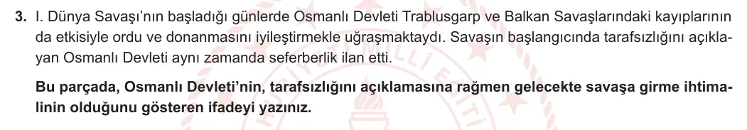 8. Sınıf T.C. İnkılap Tarihi ve Atatürkçülük 2023-2024 1. Dönem 1. Yazılı 1. Bölüm 3. Soru görseli