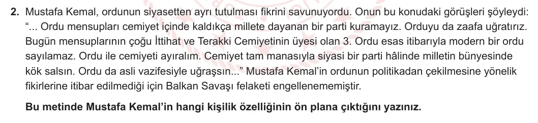 8. Sınıf T.C. İnkılap Tarihi ve Atatürkçülük 2023-2024 1. Dönem 1. Yazılı 2. Bölüm 2. Soru görseli