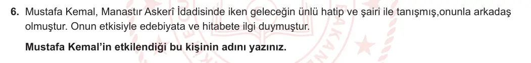 8. Sınıf T.C. İnkılap Tarihi ve Atatürkçülük 2023-2024 1. Dönem 1. Yazılı 2. Bölüm 6. Soru görseli