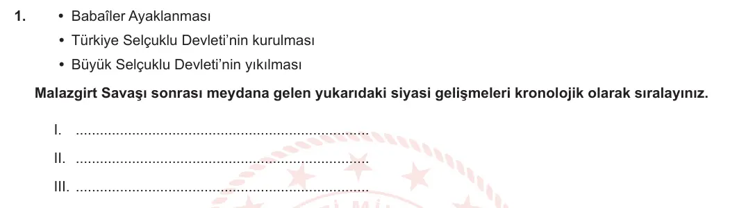 10. Sınıf Tarih 2023-2024 1. Dönem 1. Yazılı 1. Bölüm 1. Soru görseli