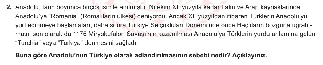10. Sınıf Tarih 2023-2024 1. Dönem 1. Yazılı 1. Bölüm 2. Soru görseli