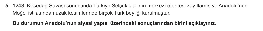 10. Sınıf Tarih 2023-2024 1. Dönem 1. Yazılı 1. Bölüm 5. Soru görseli