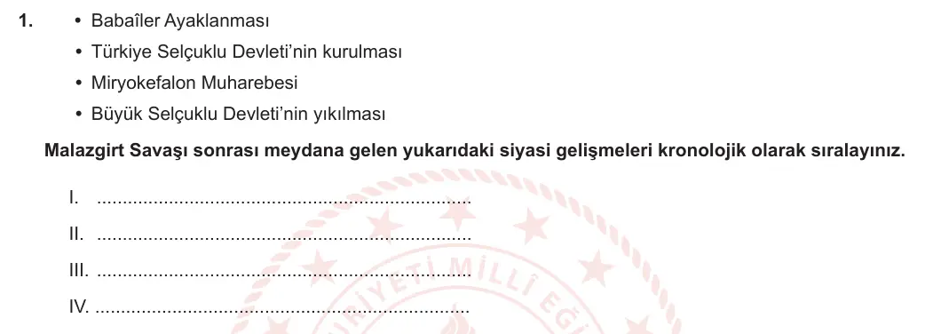 10. Sınıf Tarih 2023-2024 1. Dönem 1. Yazılı 2. Bölüm 1. Soru görseli