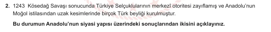 10. Sınıf Tarih 2023-2024 1. Dönem 1. Yazılı 2. Bölüm 2. Soru görseli