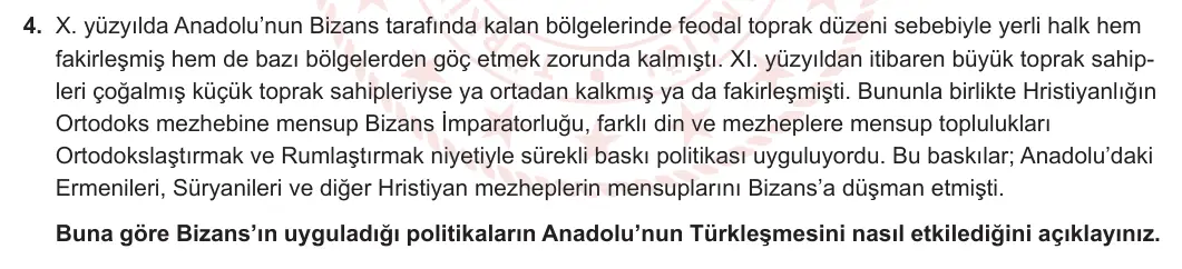 10. Sınıf Tarih 2023-2024 1. Dönem 1. Yazılı 2. Bölüm 4. Soru görseli