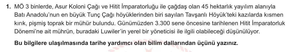 9. Sınıf Tarih 2023-2024 1. Dönem 1. Yazılı 2. Bölüm 1. Soru görseli