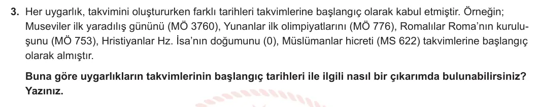 9. Sınıf Tarih 2023-2024 1. Dönem 1. Yazılı 2. Bölüm 3. Soru görseli
