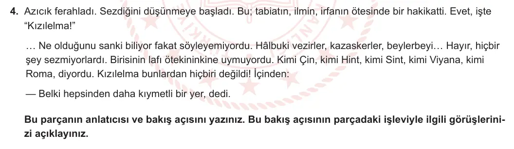 10. Sınıf Türk Dili ve Edebiyatı 2023-2024 1. Dönem 1. Yazılı 1. Bölüm 4. Soru görseli