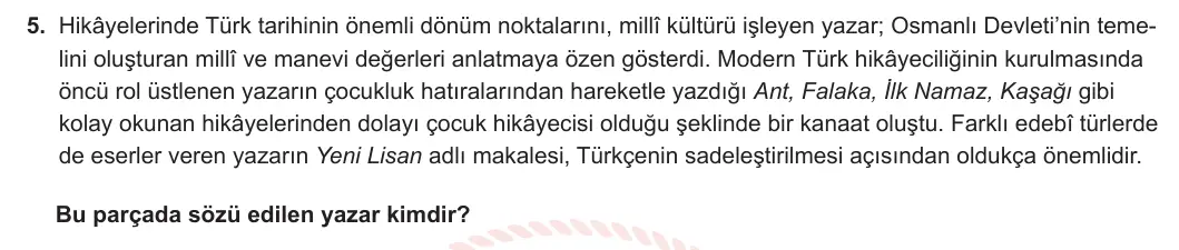 10. Sınıf Türk Dili ve Edebiyatı 2023-2024 1. Dönem 1. Yazılı 2. Bölüm 5. Soru görseli