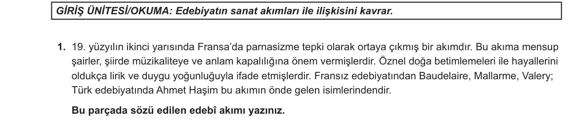 11. Sınıf Türk Dili ve Edebiyatı 2023-2024 1. Dönem 1. Yazılı 2. Bölüm 1. Soru görseli