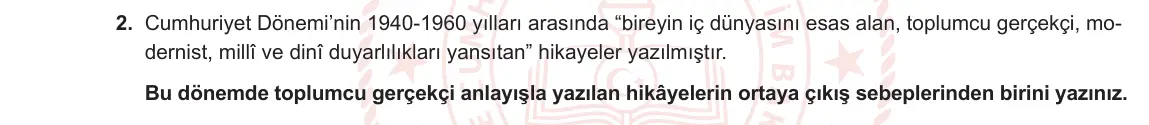 11. Sınıf Türk Dili ve Edebiyatı 2023-2024 1. Dönem 1. Yazılı 2. Bölüm 2. Soru görseli