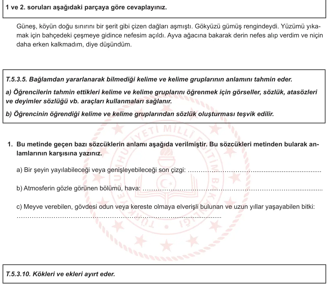 5. Sınıf Türkçe 2023-2024 1. Dönem 1. Yazılı 1. Bölüm 1. Soru görseli