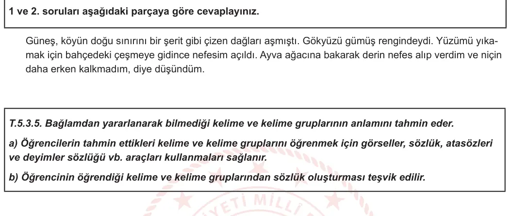 5. Sınıf Türkçe 2023-2024 1. Dönem 1. Yazılı 1. Bölüm 2. Soru görseli (1/2)