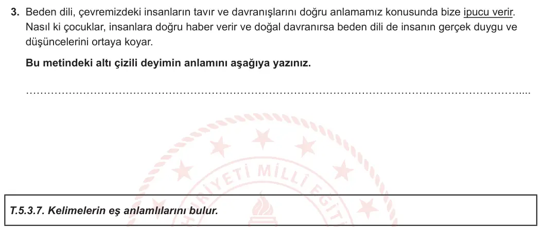 5. Sınıf Türkçe 2023-2024 1. Dönem 1. Yazılı 1. Bölüm 3. Soru görseli